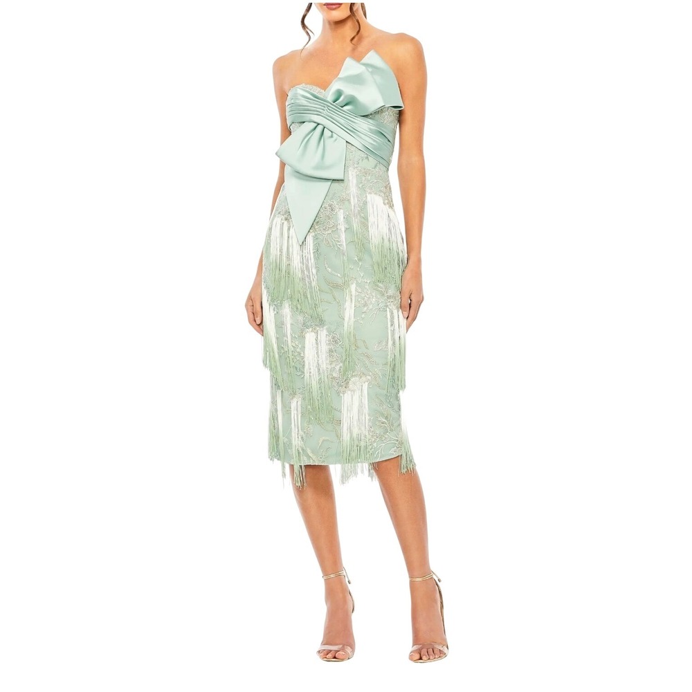 Mac Duggal MSRP $698 Sage Green 20593 Bow Front Ombre Fringe Sequin Lace Midi 4